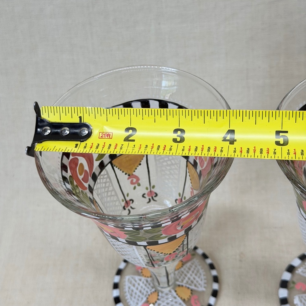 Vintage Mary Engelbreit Hand Painted Wine Goblets Pair Colorful Floral Glasses - Picture 8 of 8